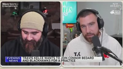 Travis Kelce 'loves watching' Connor Bedard, wants to try out playing goalie at Blackhawks practice